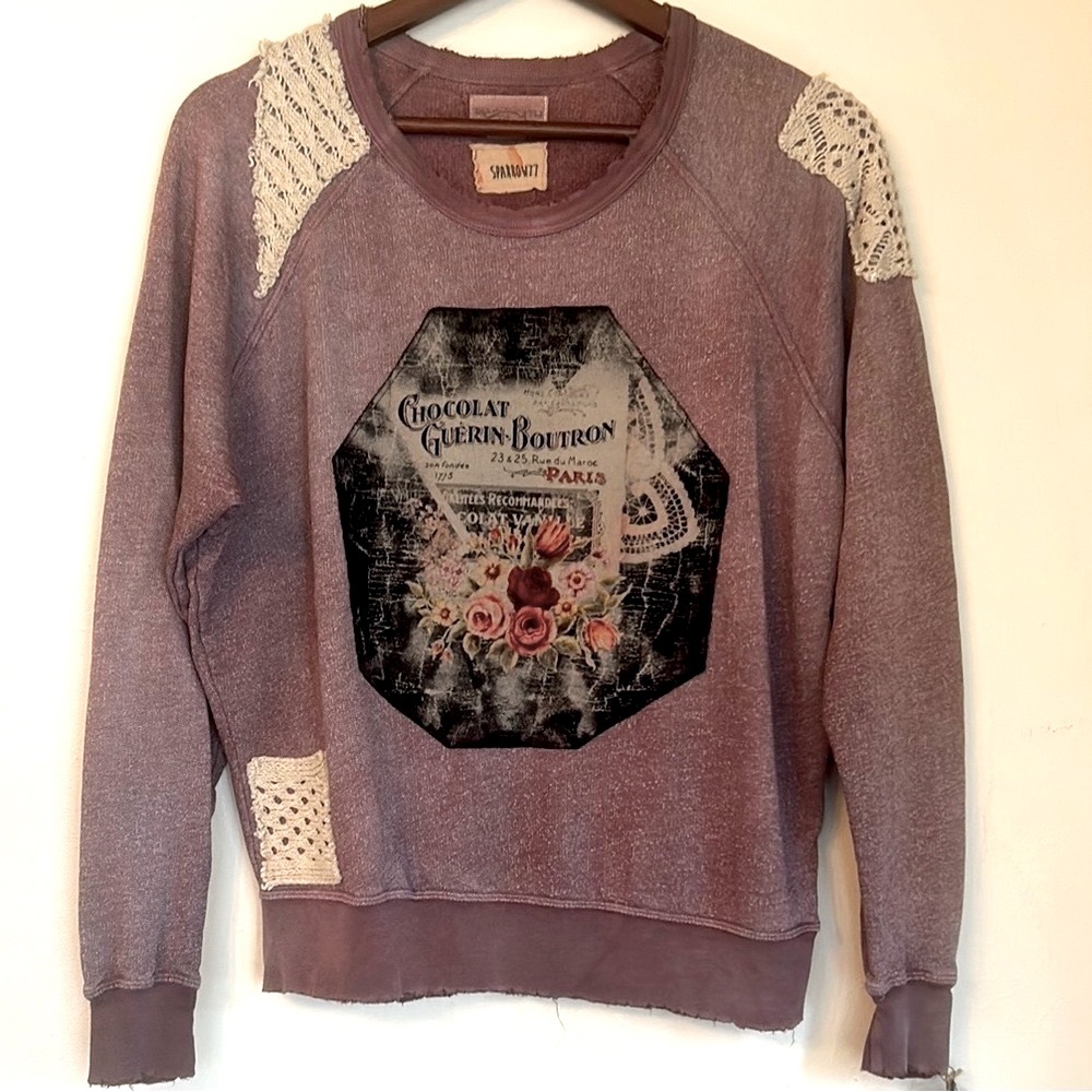 Upcycled crochet patched denim & supply Ralph Lauren distressed sweatshirt